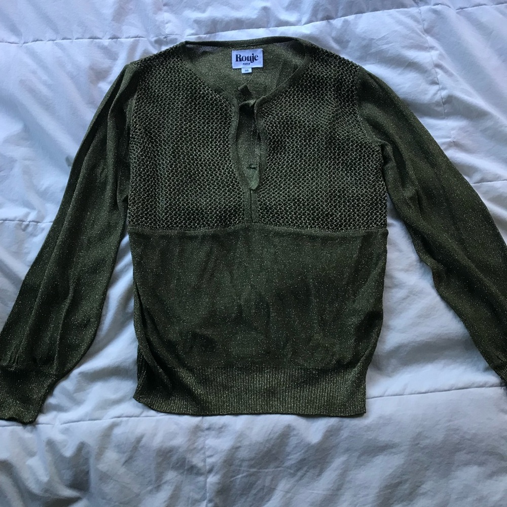 Green sparkly Rouje top. Tie front. Sheer panels.